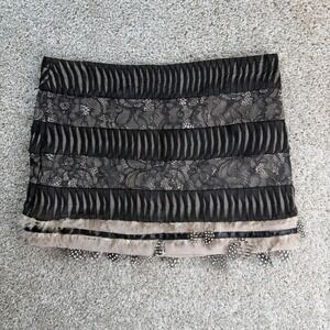 Bebe Skirt Womens 2 Black Lace Bandage Mini Feather Fringe Party Cocktail
